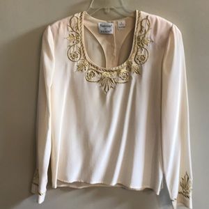 Cream Silk Blouse with Metallic Gold Embroidery